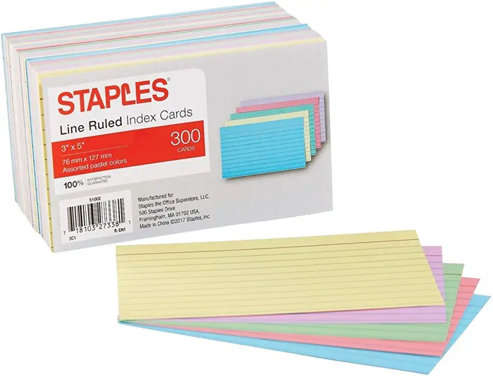 Staples Ruled 3 X 5 Index Cards, Assorted Pastel, 300/Pack