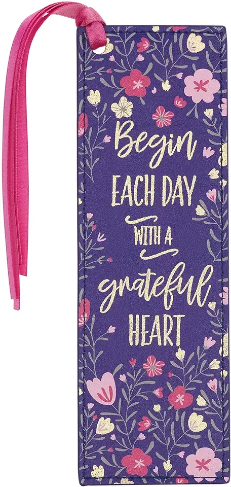 With Love Pink/Blue Faux Leather Bookmark for Women, Begin Each Day with a Grateful Heart Floral Debossed Design W/Gold Accents/Ribbon Tassel, Inspira