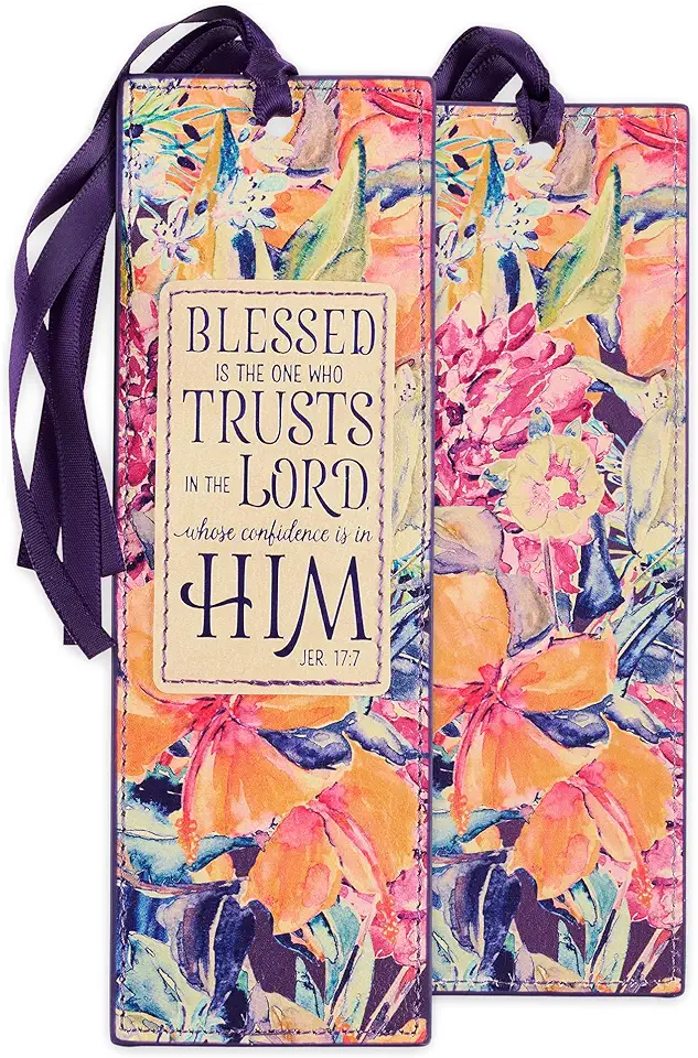 Christian Art Gifts Faux Leather Bookmark Blessed Is the One Jeremiah 17:7 Bible Verse, Purple Floral