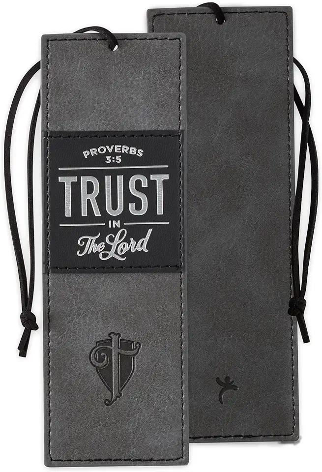 Christian Art Gifts Black Charcoal Gray Faux Leather Bookmark for Men: Trust in the Lord - Proverbs 3:5 Inspiring Bible Verse, Heat-Debossed W/Silver