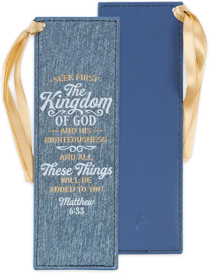 Christian Art Gifts Sparkly Metallic Blue Faux Leather Bookmark for Women: Seek First the Kingdom of God - Matthew 6:33 Inspirational Scripture Bible