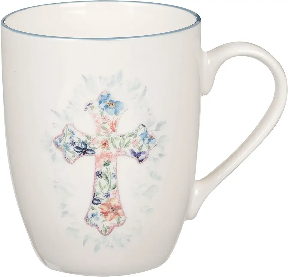 Christian Art Gifts Ceramic Coffee and Tea Mug for Women: Floral Cross Design, Inspirational Encouraging Drinkware, Blue, 12 Oz.