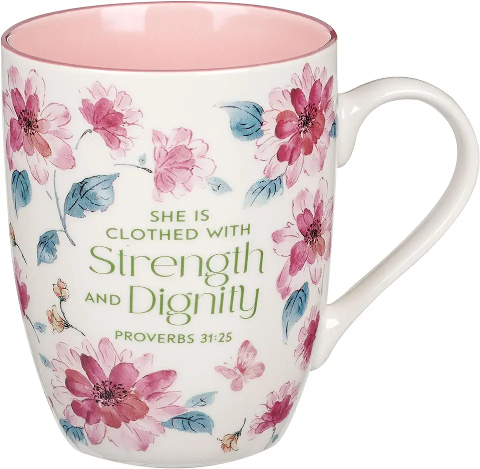 Christian Art Gifts Ceramic Coffee and Tea Mug for Women: Strenght & Dignity - Proverbs 31:25 Inspirational Bible Verse, Floral, Pink, 12 Oz.