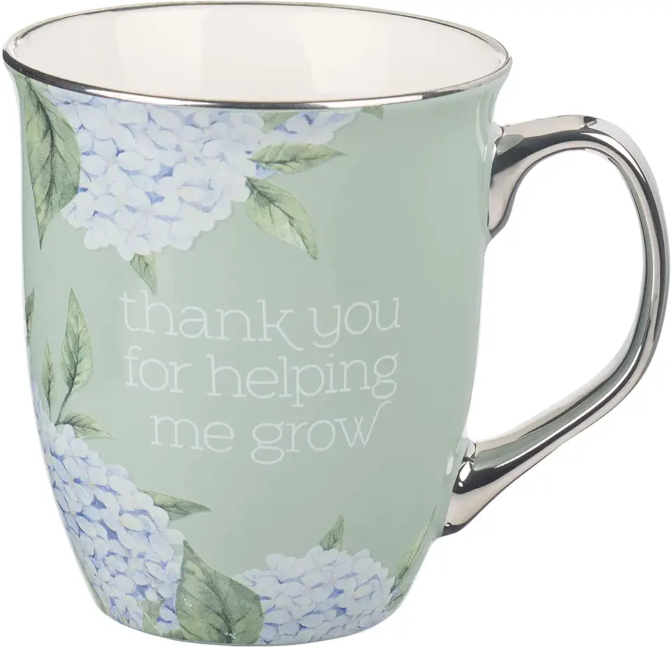 With Love Inspirational Coffee Mug for Teachers/Mentors Thank You for Helping Me Grow Blue Hydrangea Mint/Cream XL Ceramic Drinking Cup, 16oz.