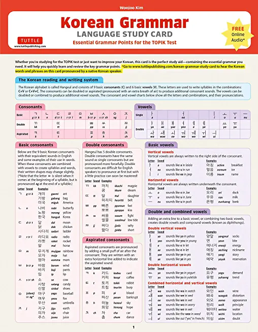 Korean Grammar Language Study Card: Essential Grammar Points for the Topik Test (Includes Online Audio)