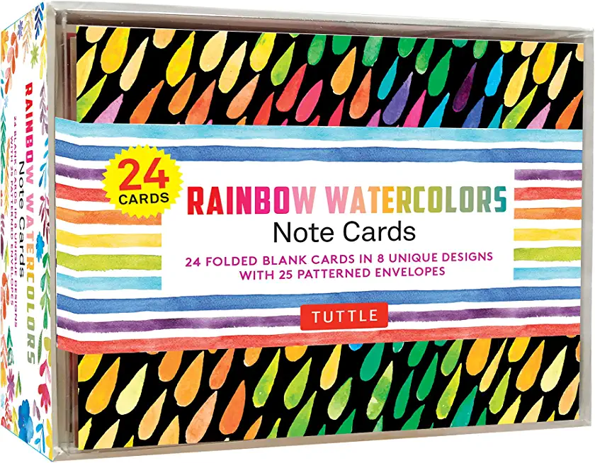Rainbow Watercolors Note Cards - 24 Cards: 24 Blank Cards in 8 Unique Designs with 25 Patterned Envelopes