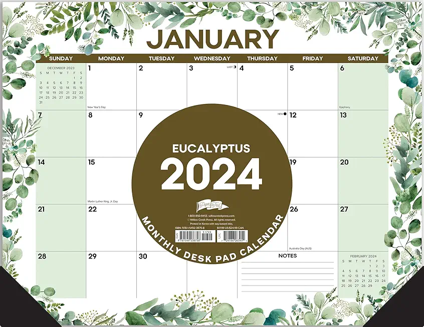 Eucalyptus & Succulents 2024 22 X 17 Large Monthly Deskpad