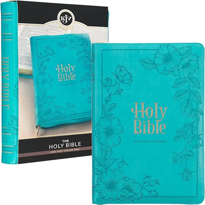 KJV Holy Bible, Thinline Large Print Faux Leather Red Letter Edition - Thumb Index & Ribbon Marker, King James Version, Teal, Zipper Closure