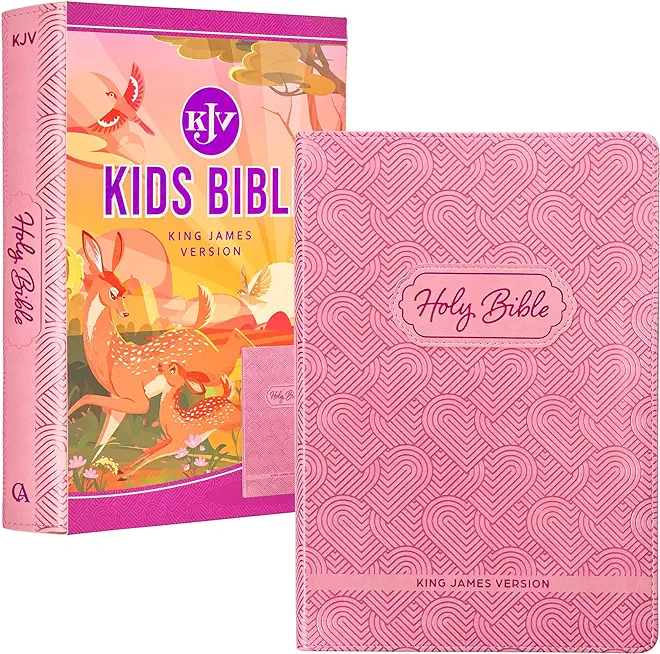 KJV Kids Bible, 40 Pages Full Color Study Helps, Presentation Page, Ribbon Marker, Holy Bible for Children Ages 8-12, Light Pink Hearts Faux Leather F