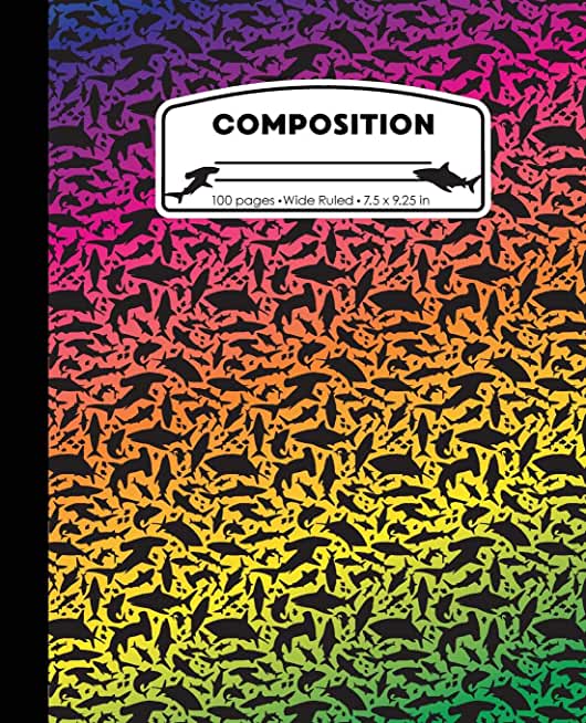 Composition: Sharks Rainbow Marble Composition Notebook Wide Ruled 7.5 x 9.25 in, 100 pages book for girls or boys, kids, school, s